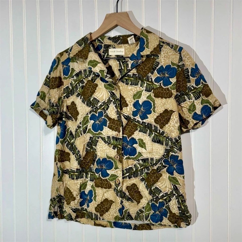 Vintage Marsh Landing Hawaiian Shirt Small S Blue Floral Rayon Boho Festival